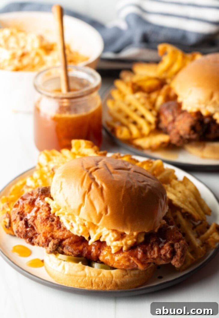 A beautifully presented Honey Pepper Pimento Chicken Sandwich on a plate, accompanied by waffle fries and a jar of honey, inviting diners to enjoy a complete meal.