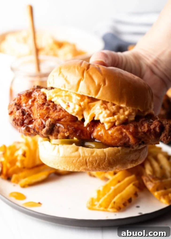 A hand holding a perfectly crafted Chick-fil-A copycat Honey Pepper Pimento Chicken Sandwich towards the camera, showcasing its layers and delicious appeal.
