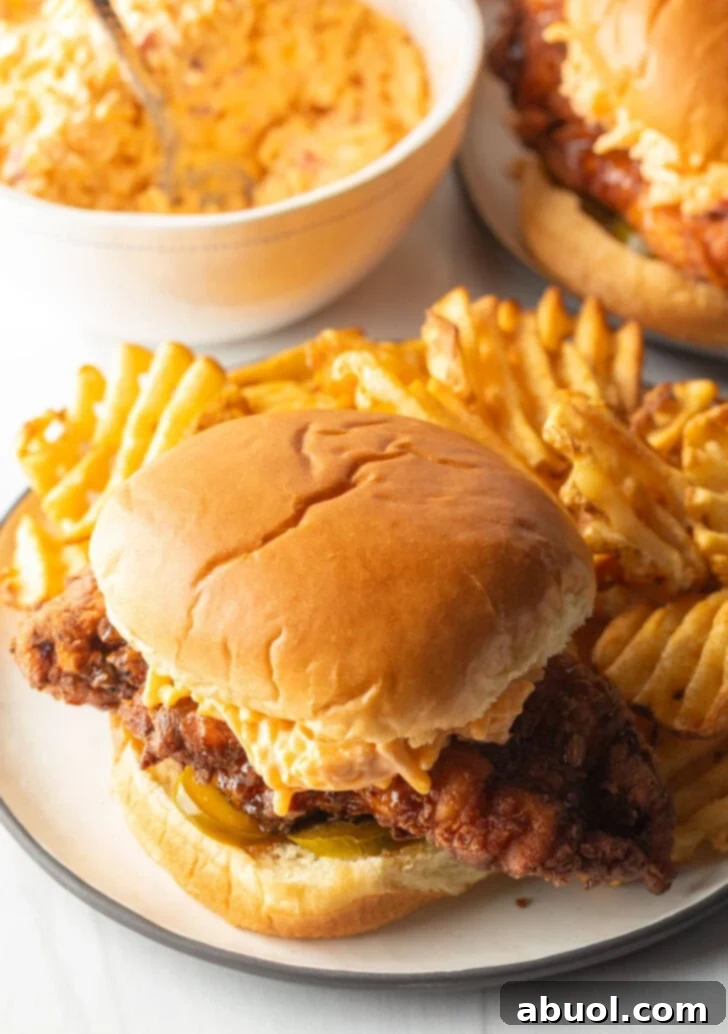 Two Honey Pepper Pimento Chicken Sandwiches displayed on a rustic wooden surface, showcasing the layers of crispy chicken, pimento cheese, and pickled jalapeños, ready to be enjoyed.