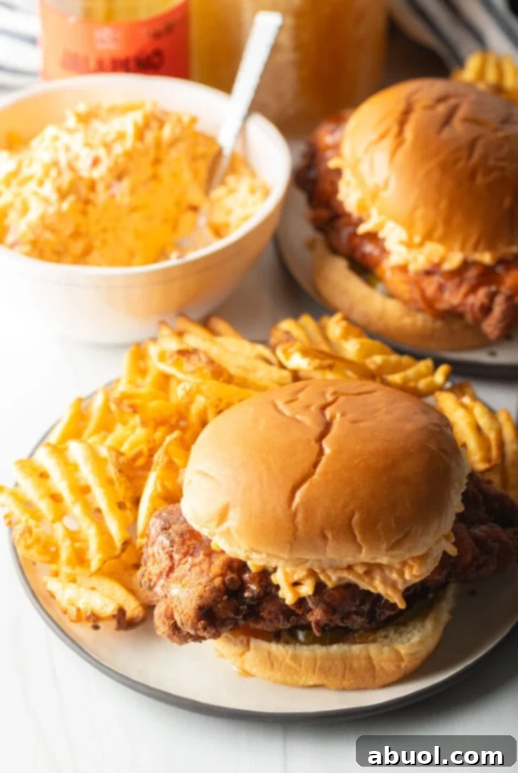 A close-up of a Honey Pepper Pimento Chicken Sandwich on a white plate, with a bowl of creamy pimento cheese and golden waffle fries in the background, showcasing its rich textures.