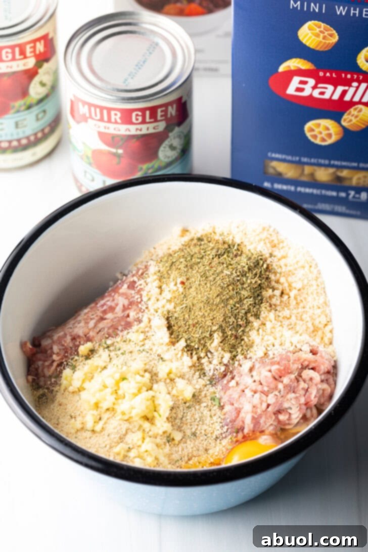A large white mixing bowl containing the raw ingredients for the meatballs: ground Italian sausage, golden breadcrumbs, diced onion, and a selection of fragrant spices, all waiting to be combined.