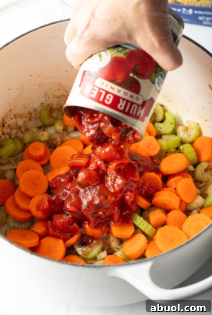 A hand carefully adds canned diced tomatoes to a large pot, joining vibrant fresh slices of carrots and celery that are already simmering.