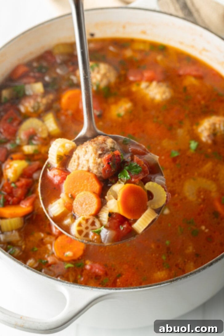 A gleaming metal ladle holds a perfect serving of Italian meatball soup, positioned towards the camera. In the background, a large white pot brimming with the savory soup promises more deliciousness.