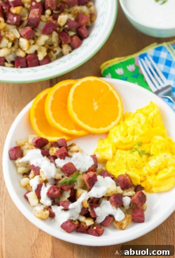 Crispy Corned Beef Hash with Creamy Horseradish Sauce, perfect for Father's Day breakfast