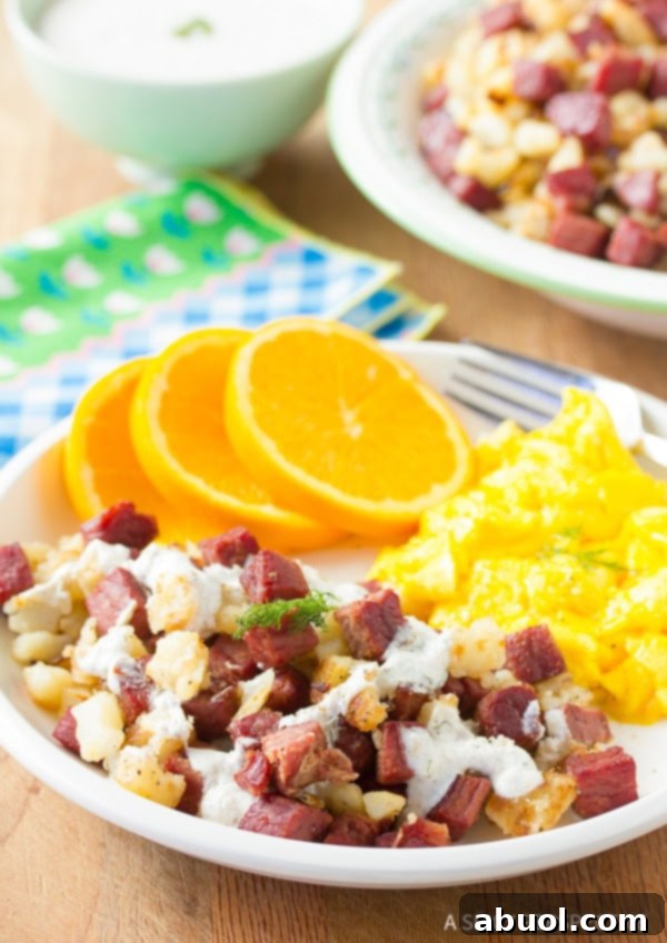 Corned Beef Hash with Horseradish Sauce, a savory breakfast for dads