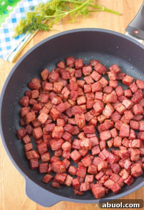 Perfectly diced corned beef for homemade hash