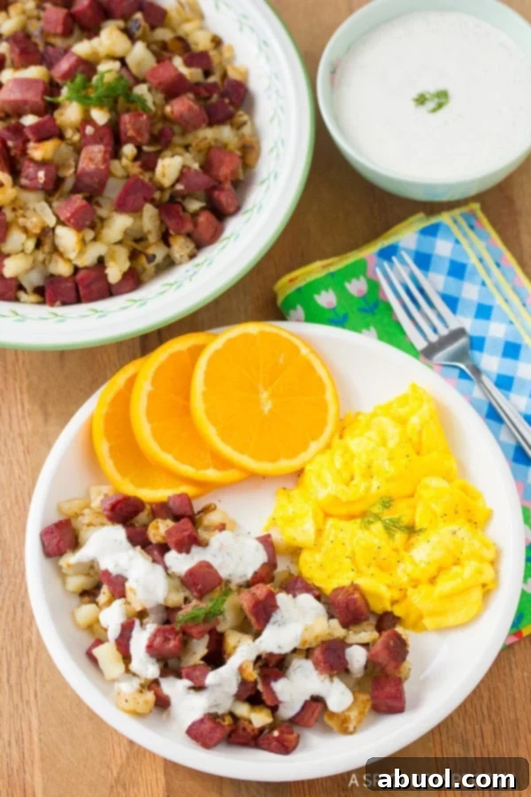 Garnished Corned Beef Hash with Horseradish Cream Sauce