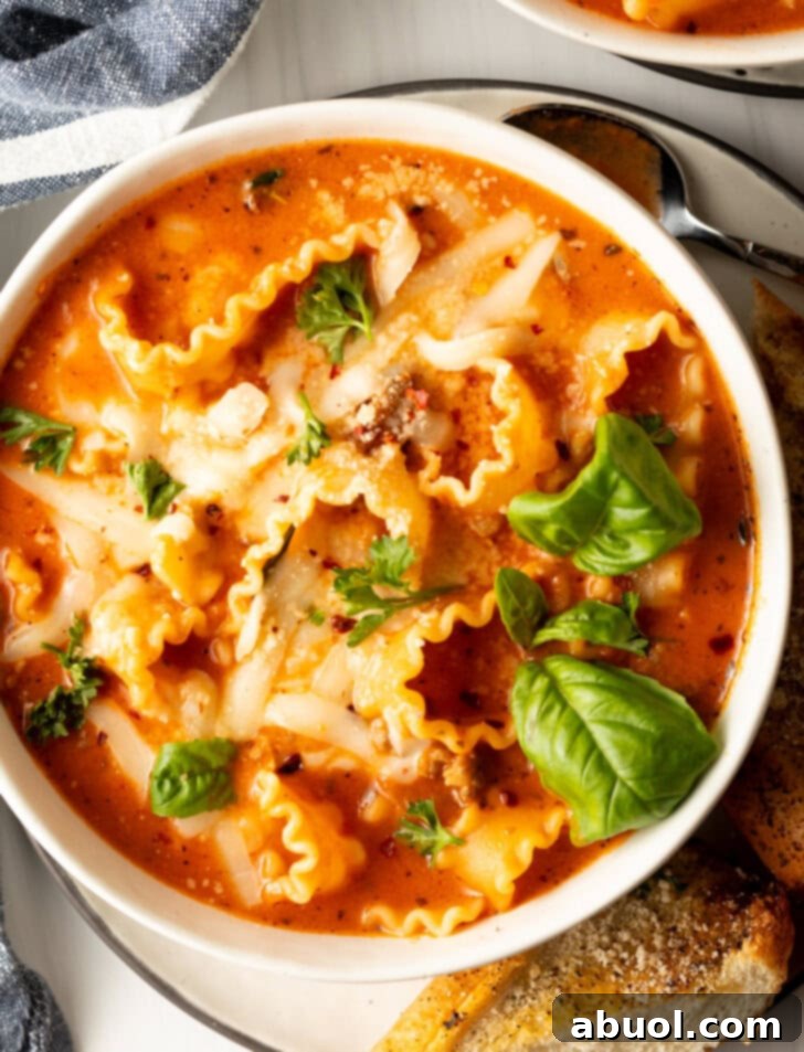 No-Fuss Lasagna Soup 7 Top down white bowl loaded with lasagna soup, garnished with two fresh basil leaves.