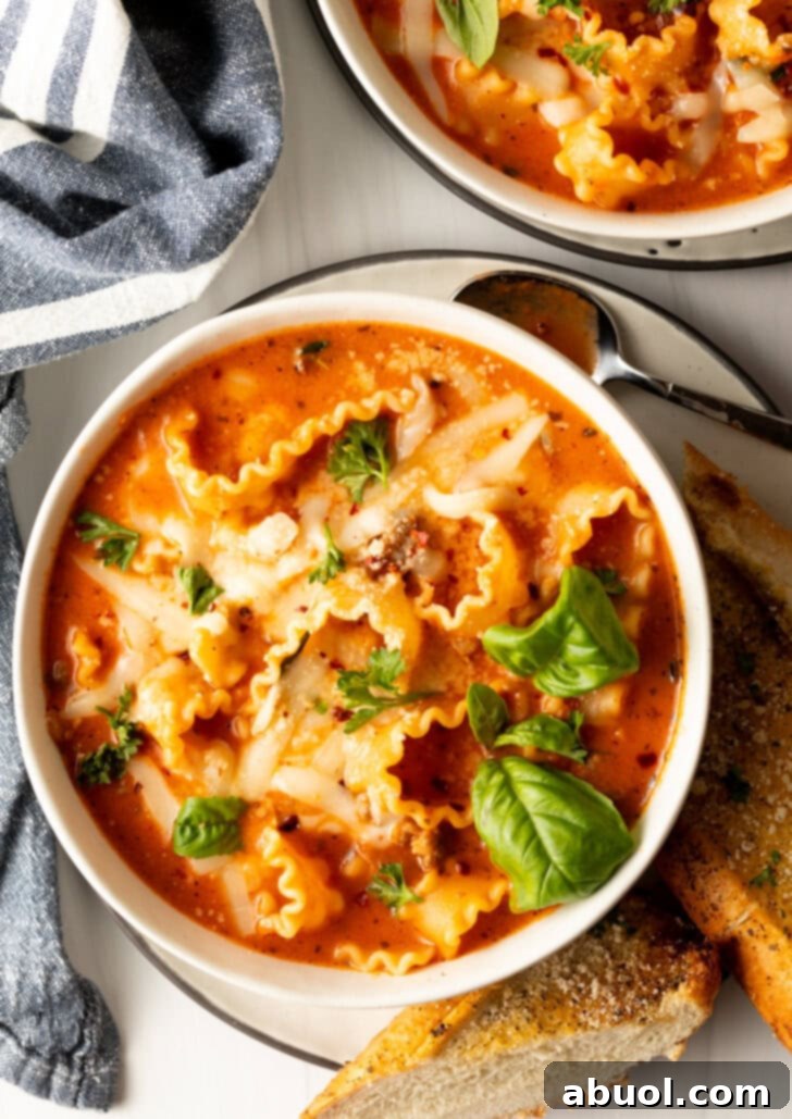 No-Fuss Lasagna Soup 3 Top down white bowl loaded with lasagna soup, garnished with two fresh basil leaves.