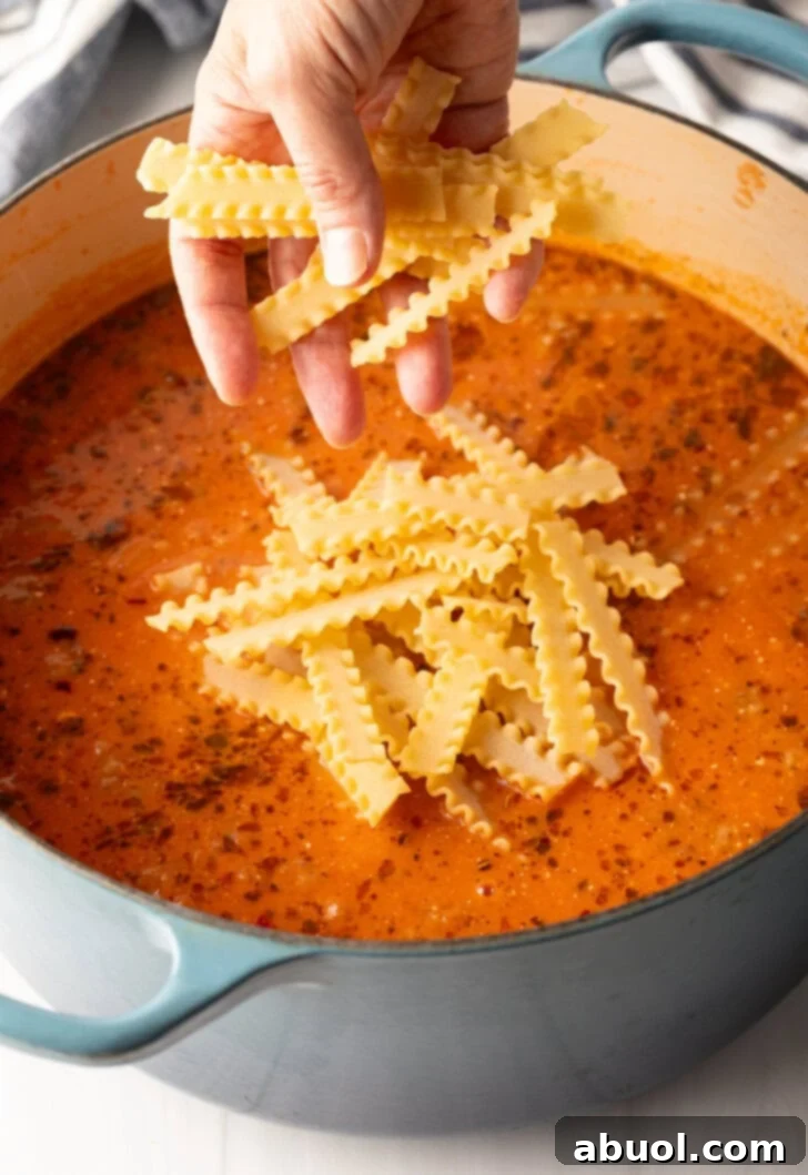No-Fuss Lasagna Soup 5 Hand adding Mafalda noodles to pot of soup with tomato broth.