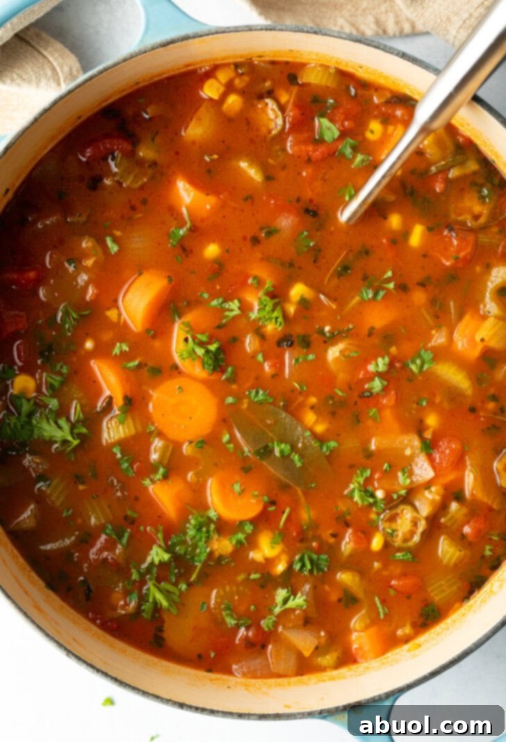 Ladle stirring vegetable soup in a large pot.