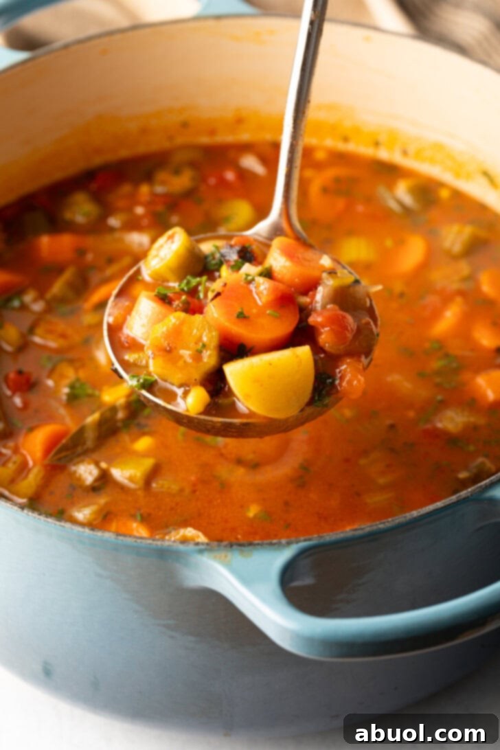 Ladle holding a serving of vegetable soup over a large cooking pot.