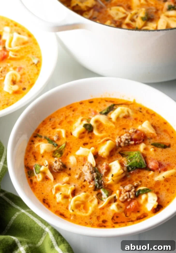 Top down view of a white bowl filled with creamy sausage and tortellini soup, garnished with fresh basil. A large pot of the soup sits blurred in the background.