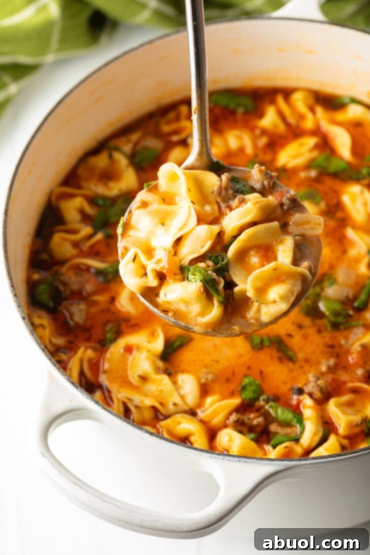 A metal ladle scooping a generous portion of creamy tortellini soup, showing its rich consistency and ingredients.