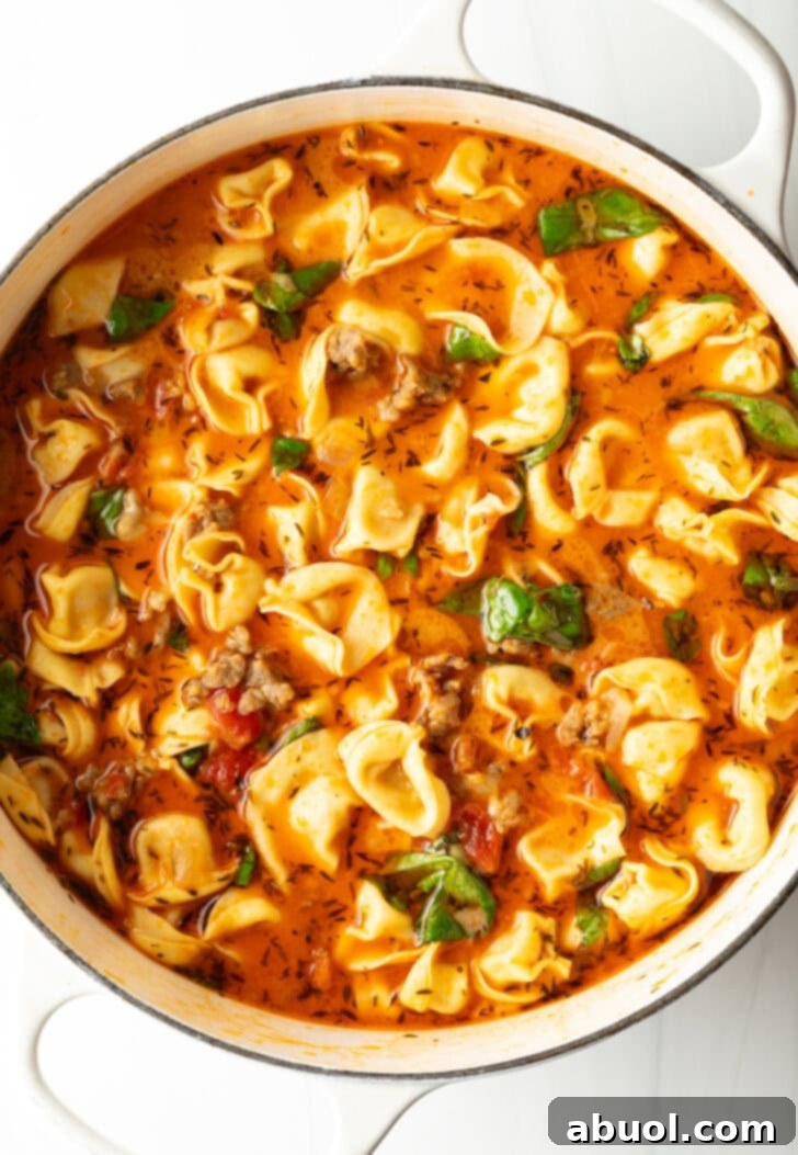 Top-down view of a large pot of creamy Italian sausage tortellini soup, ready to be served, showcasing its rich texture.