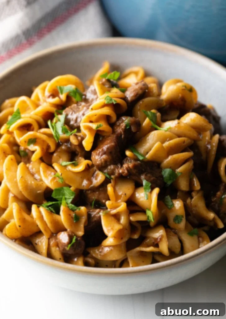 White bowl with serving of beef and noodles, topped with fresh chopped parsley.
