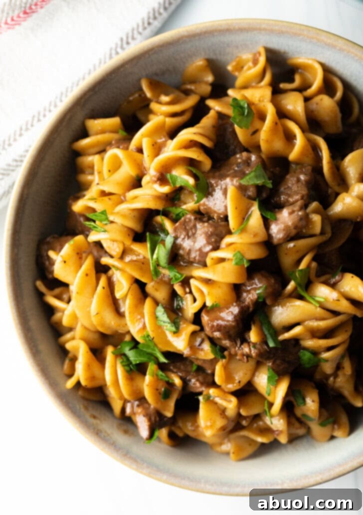 Close view white bowl with serving of beef and noodles, topped with fresh chopped parsley.