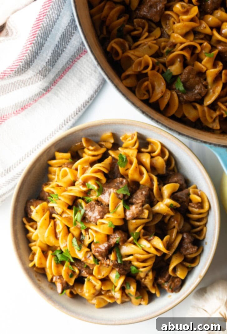 White bowl with serving of beef and noodles, topped with fresh chopped parsley.