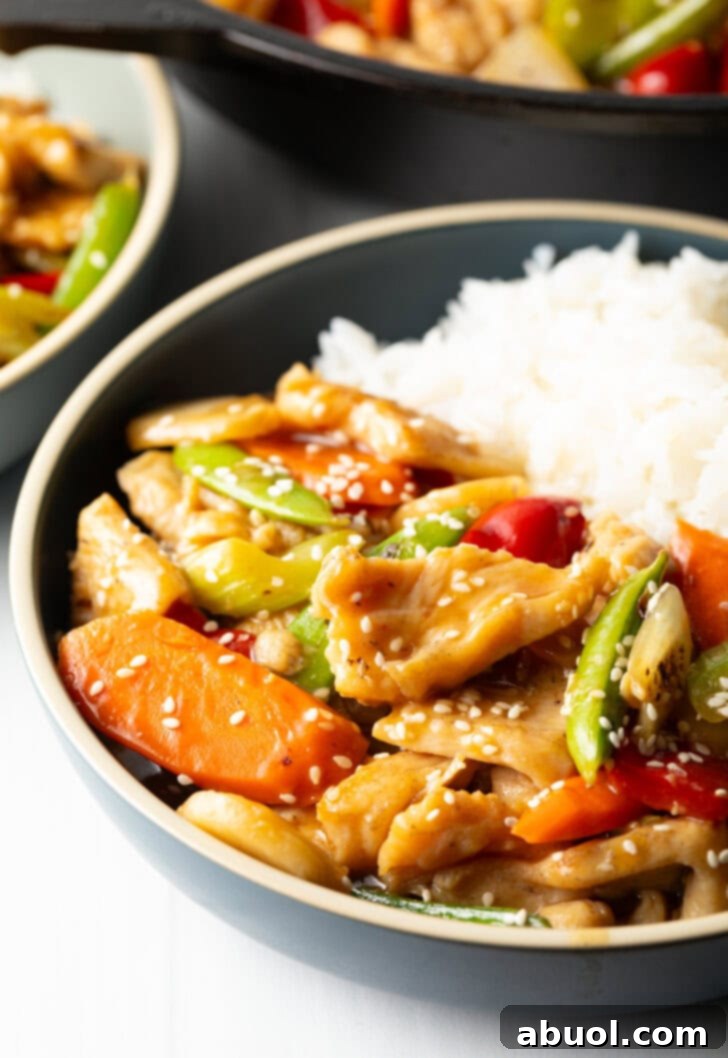 Bowl of American chicken chop suey nestled beside white rice.