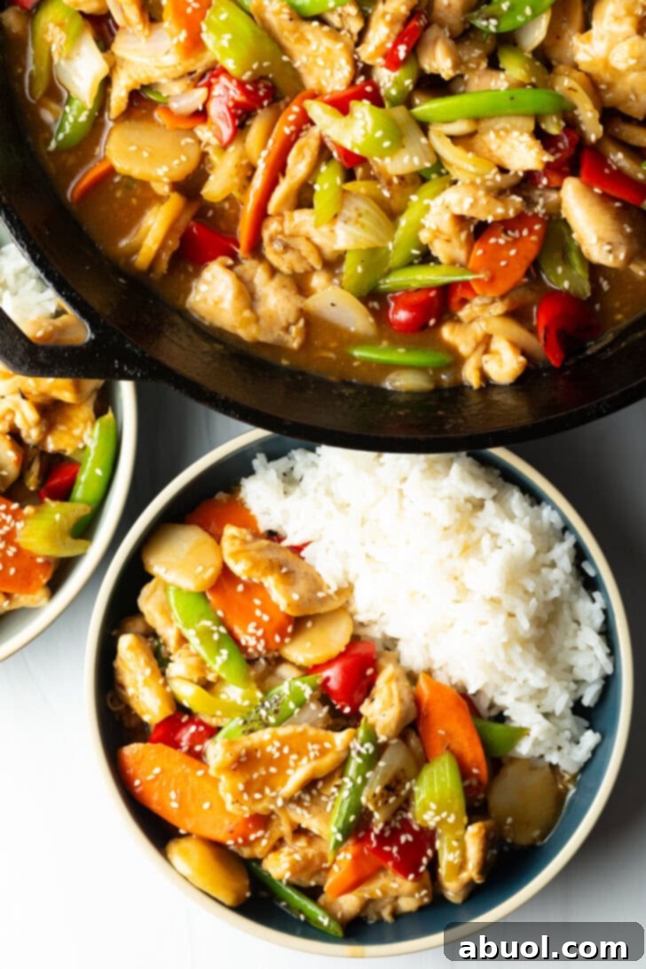 Top down bowl of American chicken chop suey nestled beside white rice.