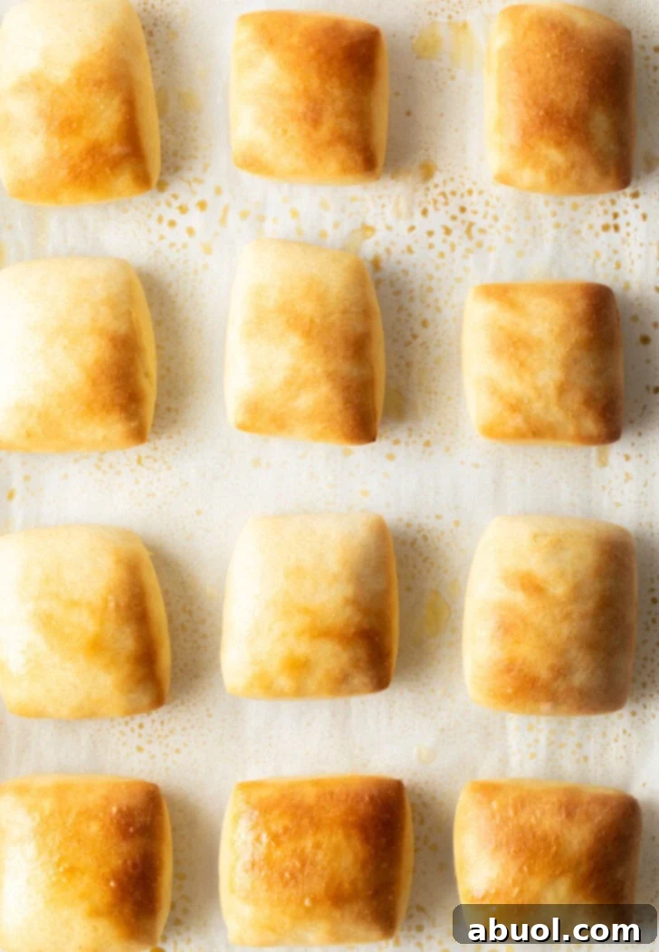 Top down a dozen rectangle yeast rolls on a baking sheet.