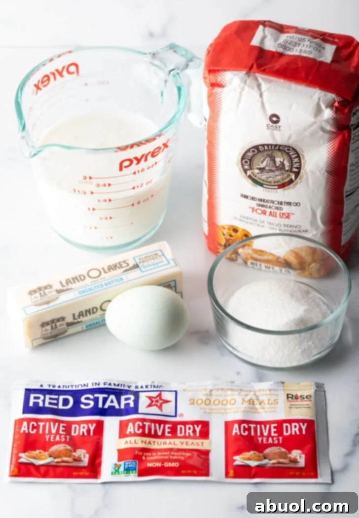 Recipe ingredients: Milk, flour, sugar, egg, butter, and 3 yeast packets.