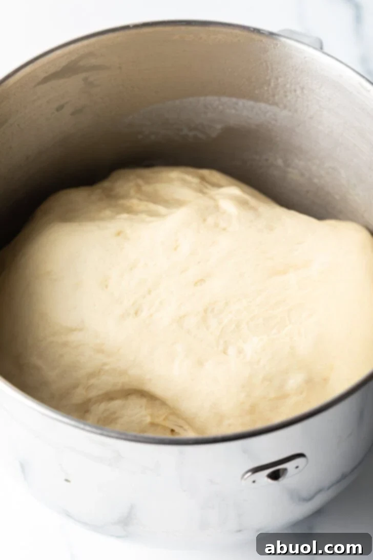 Dough in a metal bowl.