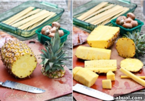Step-by-step guide on how to properly cut a fresh pineapple into chunks suitable for skewers