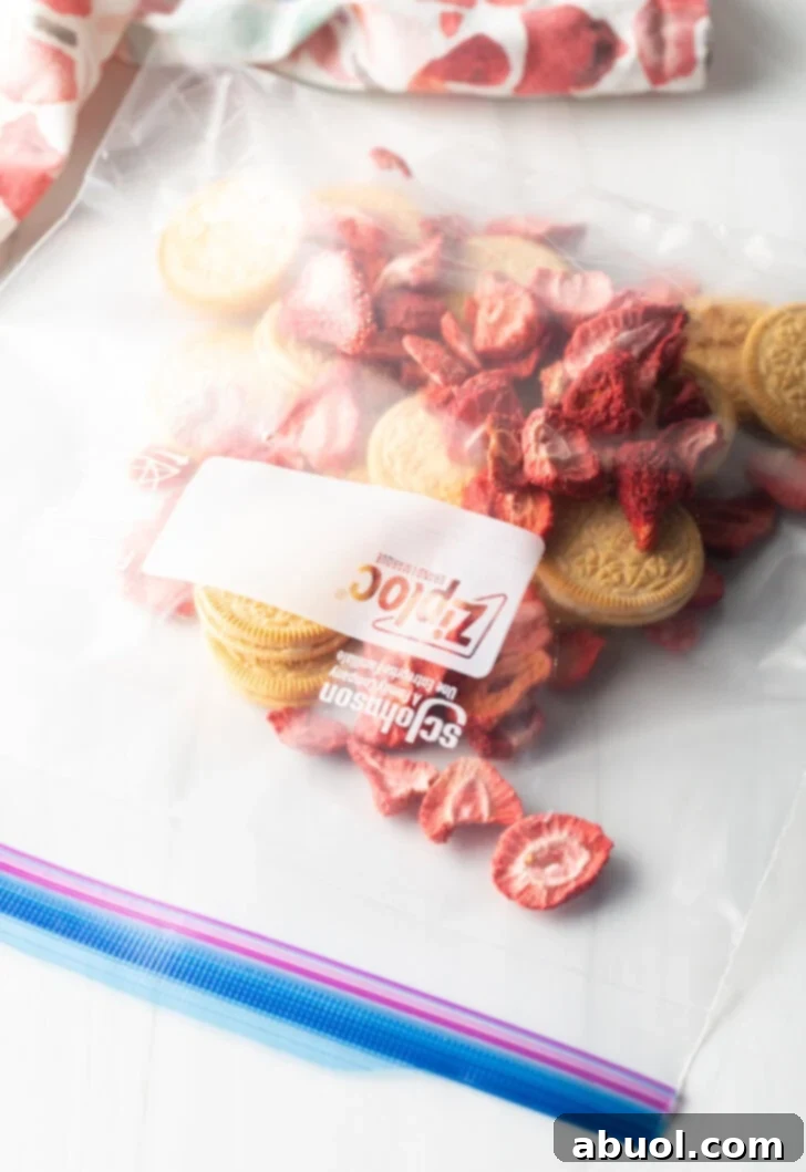 Berry Crumble Bliss Cake 10 A clear plastic ziploc bag containing a mixture of vibrant freeze-dried strawberry slices and several whole Golden Oreo cookies, poised for crushing into the crunch topping.