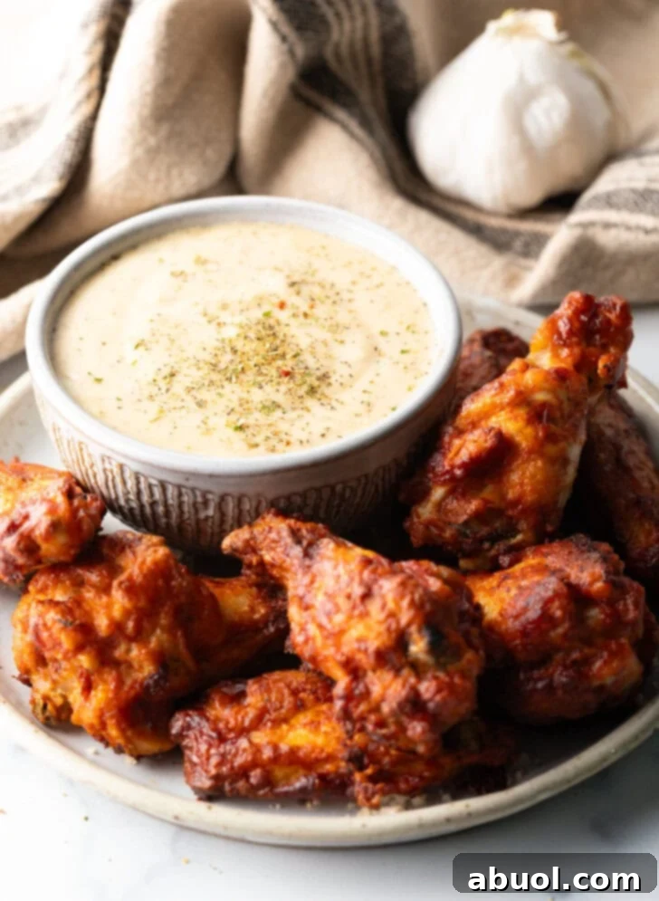 Plate of chicken wings with ramekin of garlic parmesan sauce.
