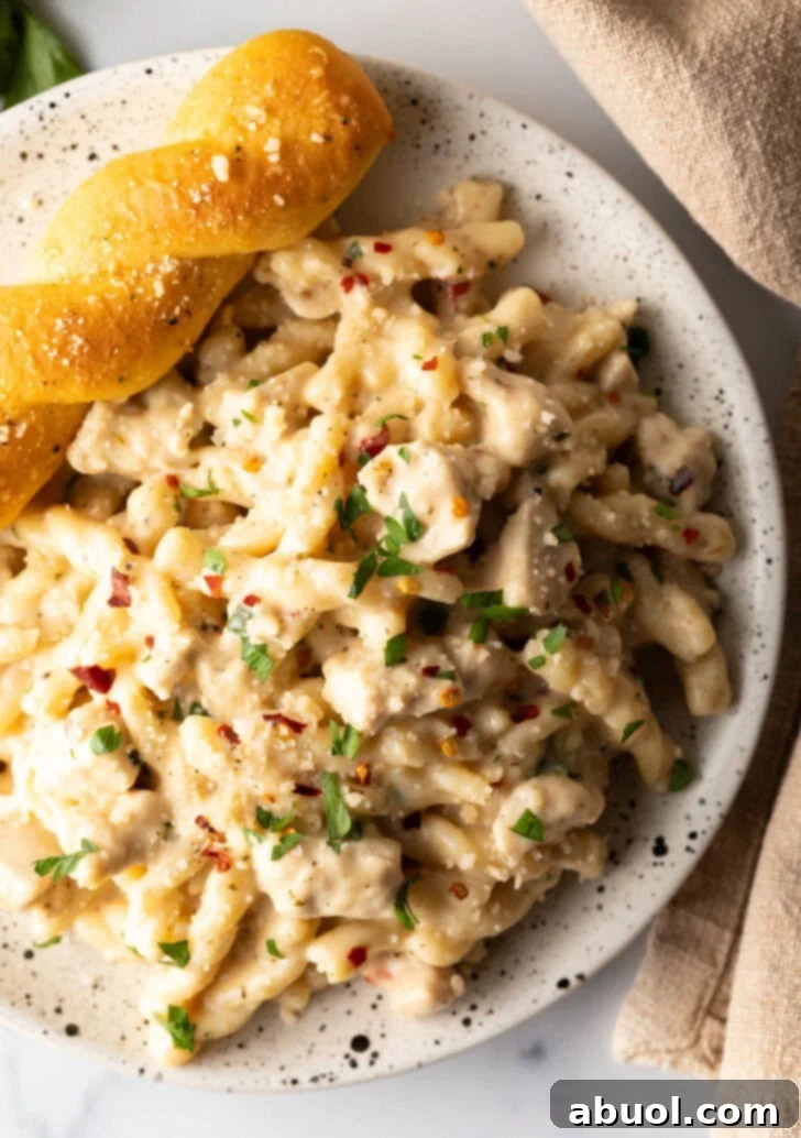 Top down view of white plate of cheesy garlic parmesan chicken pasta with a breadstick twist on the side of the plate