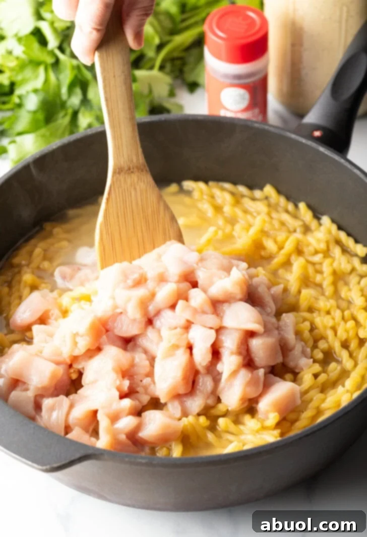 Wooden spoon stirring chopped chicken breast pieces into the pasta and broth.