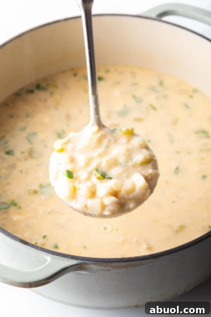 A large cooking pot filled with creamy fish chowder, with a ladle showing a generous scoop ready to be served.