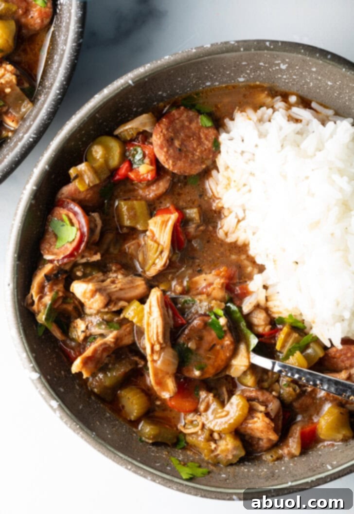 Louisiana Classic Gumbo 3 A close-up shot of a bowl of chicken and sausage gumbo, with a spoonful revealing tender chicken, sliced sausage, and vibrant vegetables over white rice.