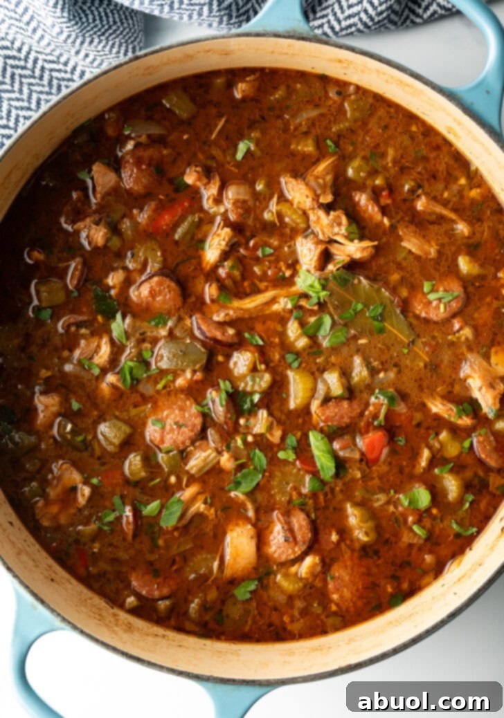 Louisiana Classic Gumbo 8 A large cooking pot filled with rich, dark gumbo, featuring tender chicken and savory sausage, ready for resting.
