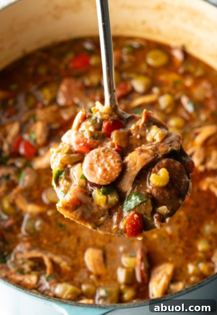 Louisiana Classic Gumbo 9 A ladle lifts a generous serving of chicken and sausage gumbo from a simmering pot, steam gently rising.