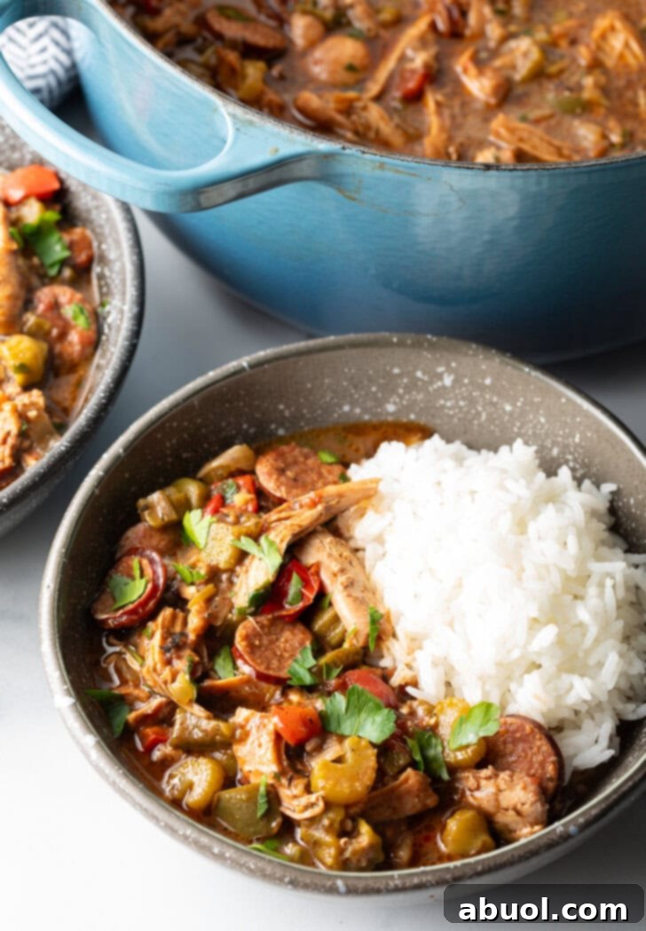 Louisiana Classic Gumbo 10 A beautifully presented bowl of chicken and sausage gumbo, artfully arranged with a mound of white rice and a sprig of fresh parsley.