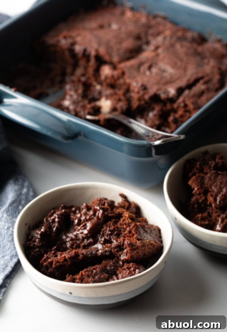 Serving of chocolate pudding cake in a white bowl.