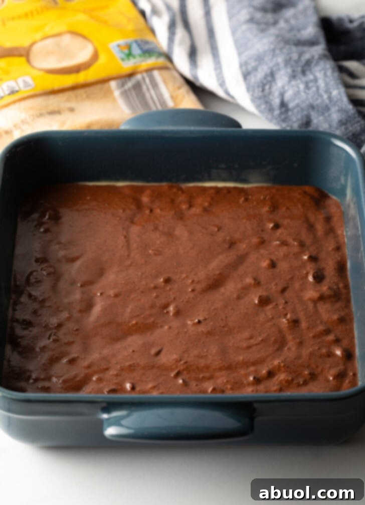 Chocolate cake batter in a pan.