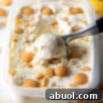 No-Churn Banana Pudding Dream 14 Container of no-churn banana pudding ice cream topped with nilla wafers, with a metal scooper scooping out a portion.