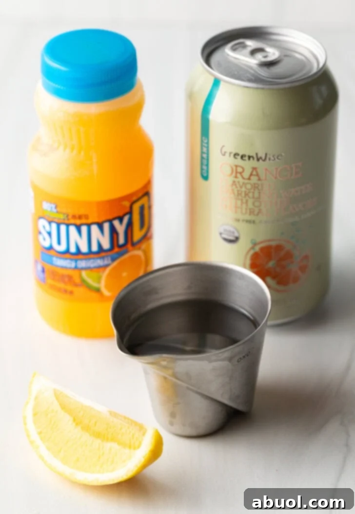 Recipe ingredients: A bottle of Sunny D juice, a metal jigger filled with vodka, a fresh orange wedge, and a can of orange-flavored seltzer water.
