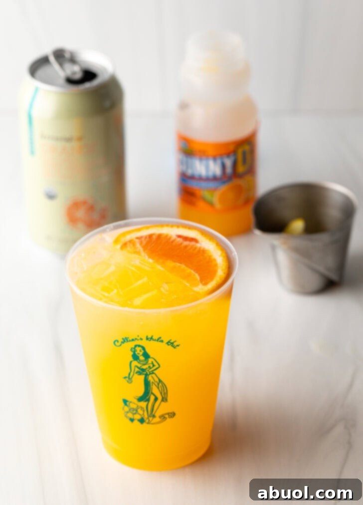 A perfectly mixed Sunny D Vodka Seltzer drink in a glass with an orange slice. A bottle of Sunny D, a metal jigger with vodka, and a can of seltzer are blurred in the background.