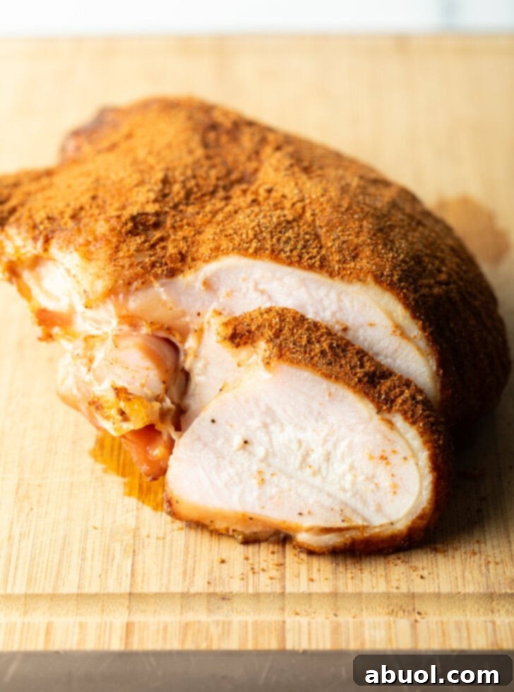 Spice-rubbed smoked turkey breast on a wood cutting board, a slice is in front of the breast.