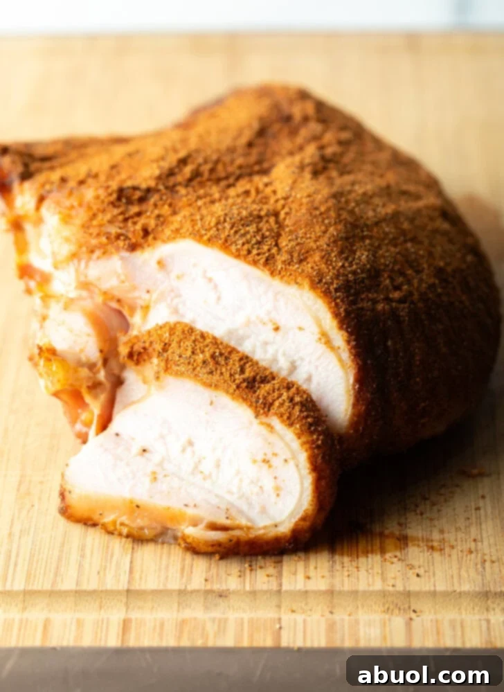 Spice-rubbed smoked turkey breast on a wood cutting board, a slice is in front of the breast.