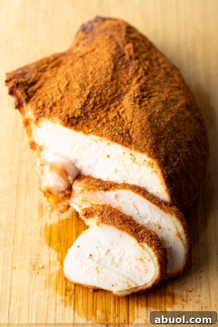 Spice-rubbed smoked turkey breast on a wood cutting board, two slices are in front of the breast.