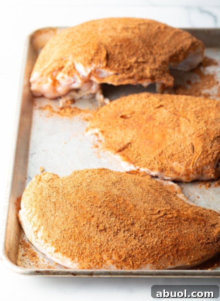 Three raw turkey breasts rubbed with seasonings, on a metal baking sheet.