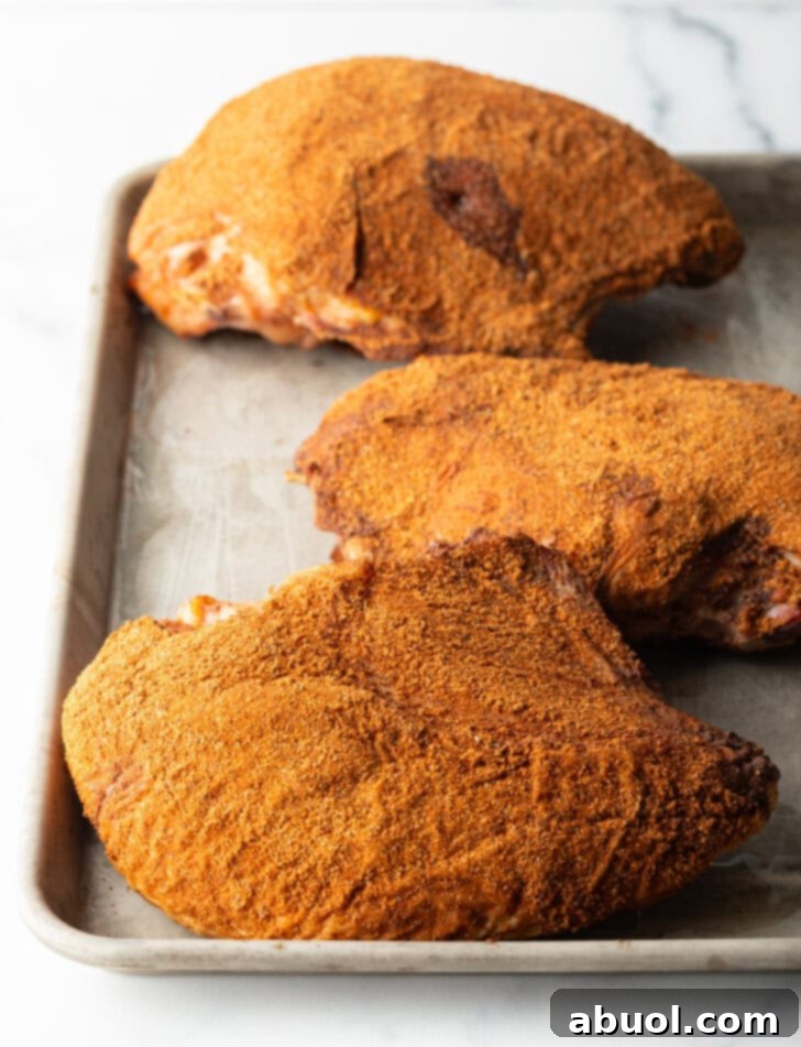 Three smoked turkey breasts rubbed with seasonings, on a metal baking sheet.