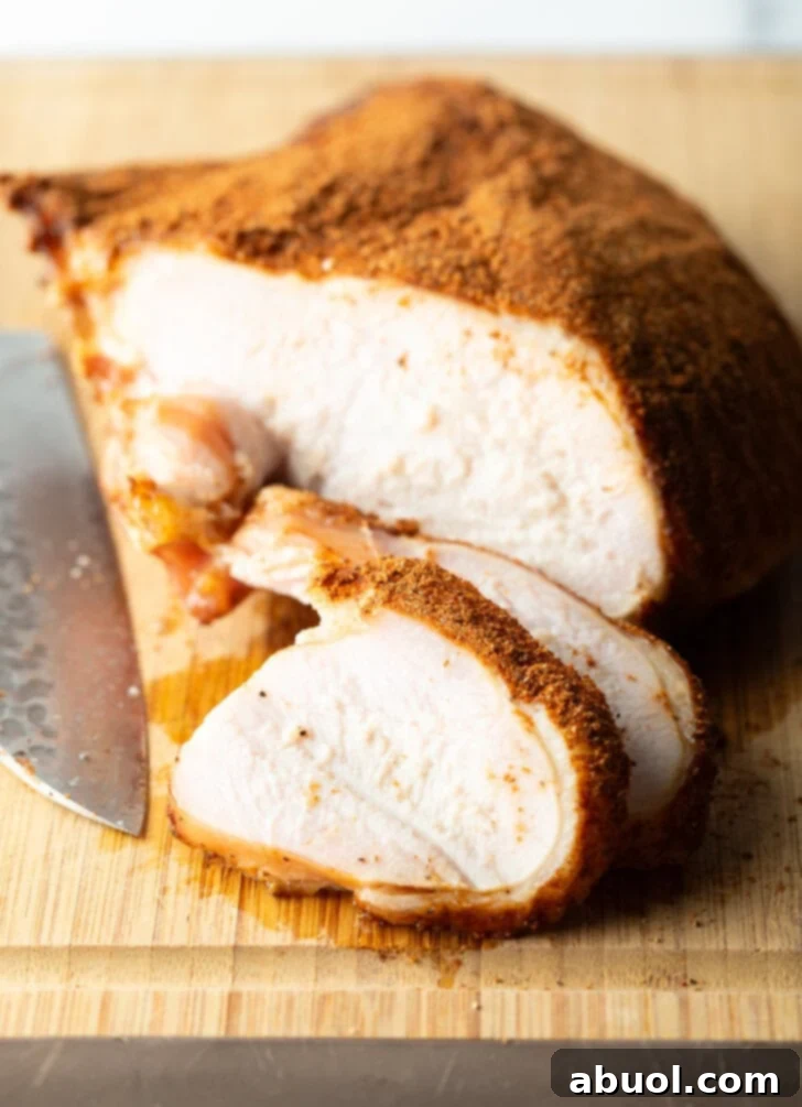 Spice-rubbed smoked turkey breast on a wood cutting board, two slices are in front of the breast.