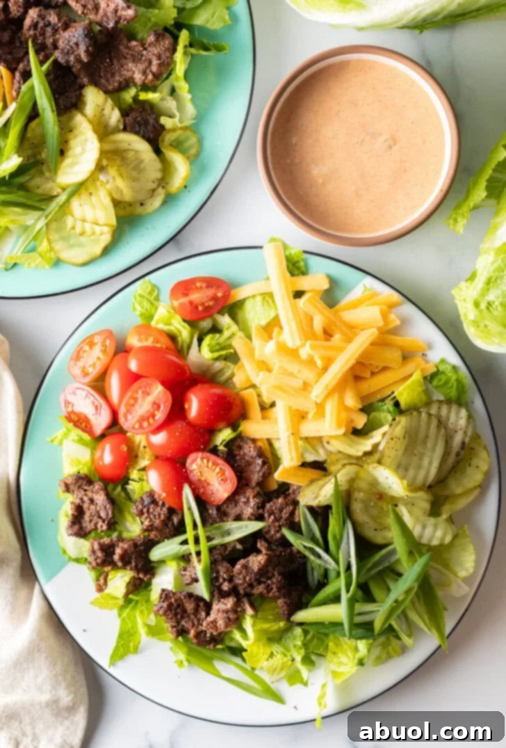 Loaded Big Mac cheeseburger salad with shredded lettuce, ground beef, halved grape tomatoes, shredded cheese, pickles, and sliced green onion, generously drizzled with Big Mac sauce.
