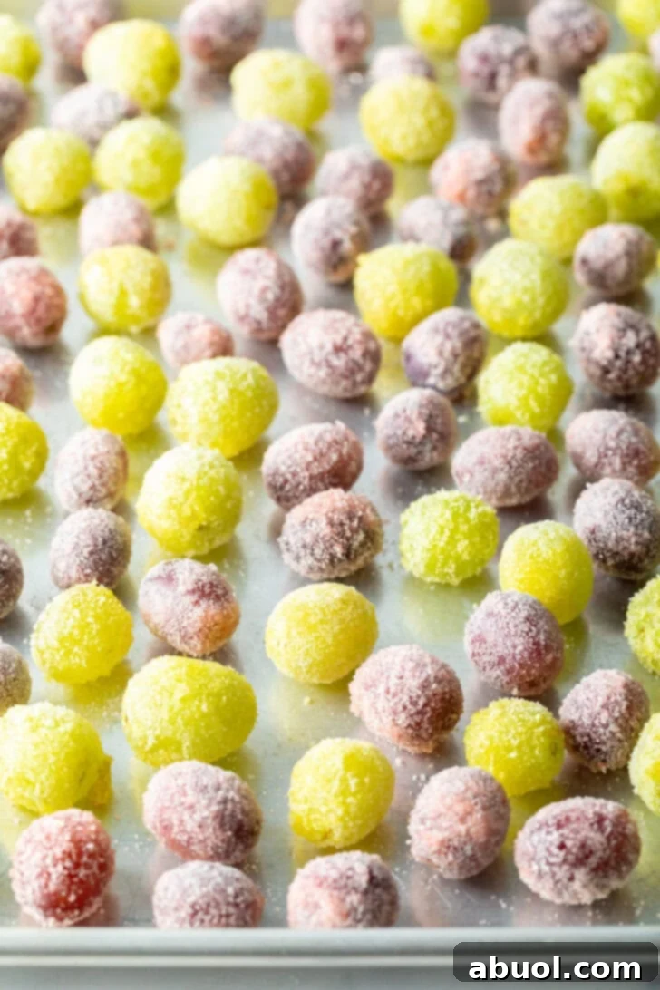 An inviting top-down view of a colorful assortment of green and purple candy-coated grapes, neatly arranged and spread on a baking sheet, ready for chilling.